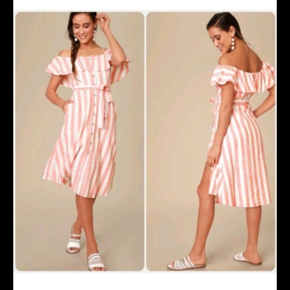 Lulus Orange Striped Off Shoulder Button Down Dress Size S